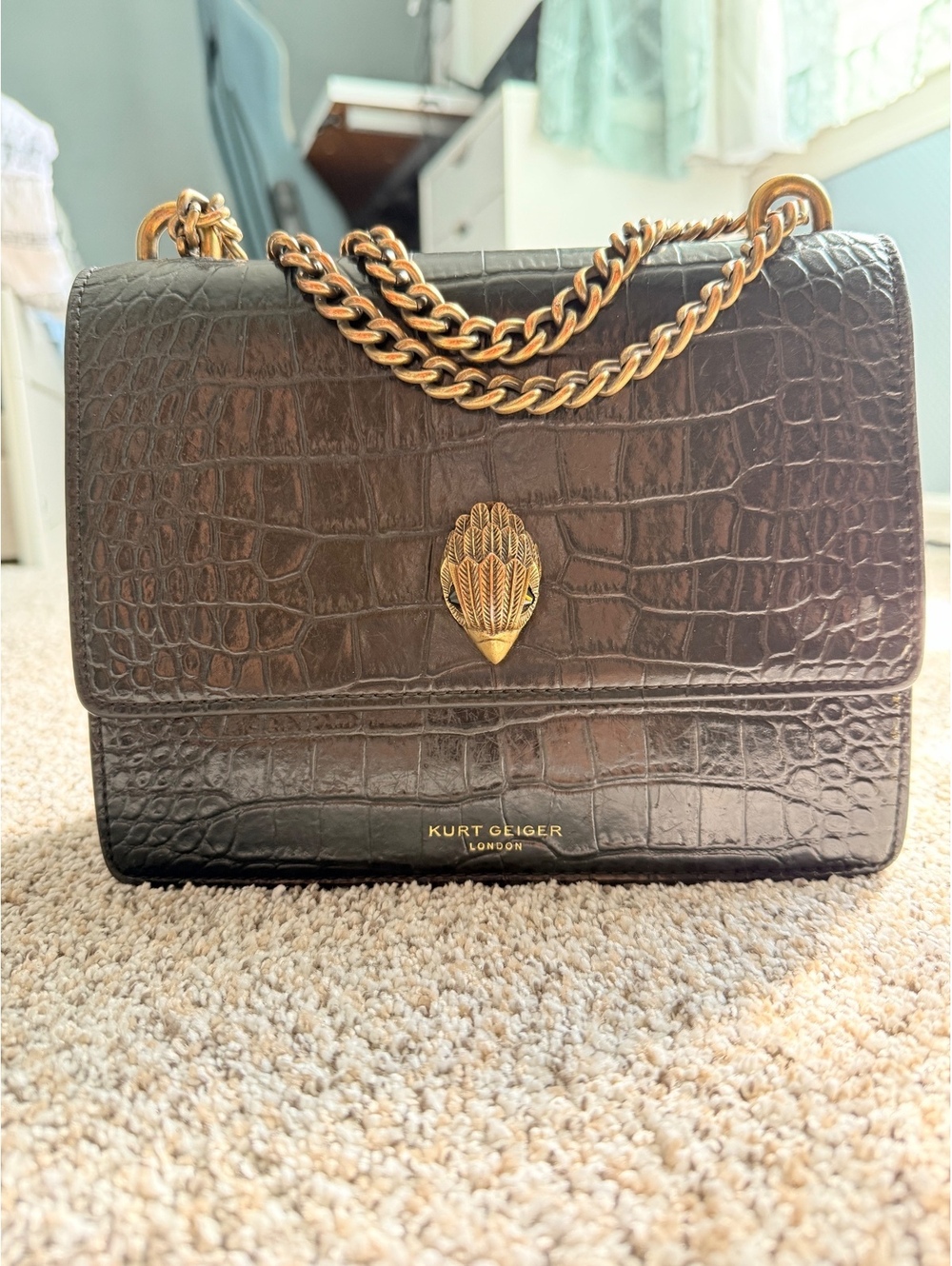 Kurt Geiger London Shoreditch Black Croc Embossed Leather Chain Crossbody Bag